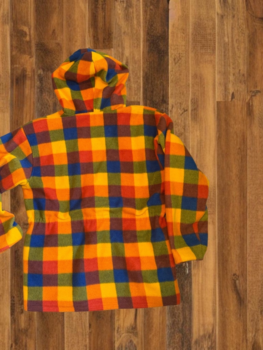 Vintage Rainbow Plaid Fleece Hooded Jacket Full Zip Retro Color Block Size L - Picture 2 of 6